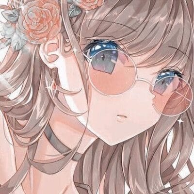 Anime-style girl with pink-tinted glasses and a floral hair accessory, looking upward slightly.