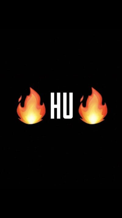 Flames flank the white 'HU' text on a black background.