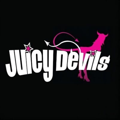 Logo for 'Juicy Devils' with bold white lettering, a pink devil silhouette, and star accents on a black background.