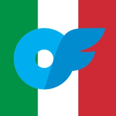 Italian flag backdrop with a large blue Twitter bird logo overlay.
