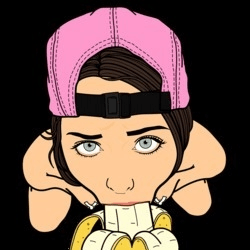 Cartoon girl with a pink backward-cap, leaning her chin on her hands and gazing up at the viewer.